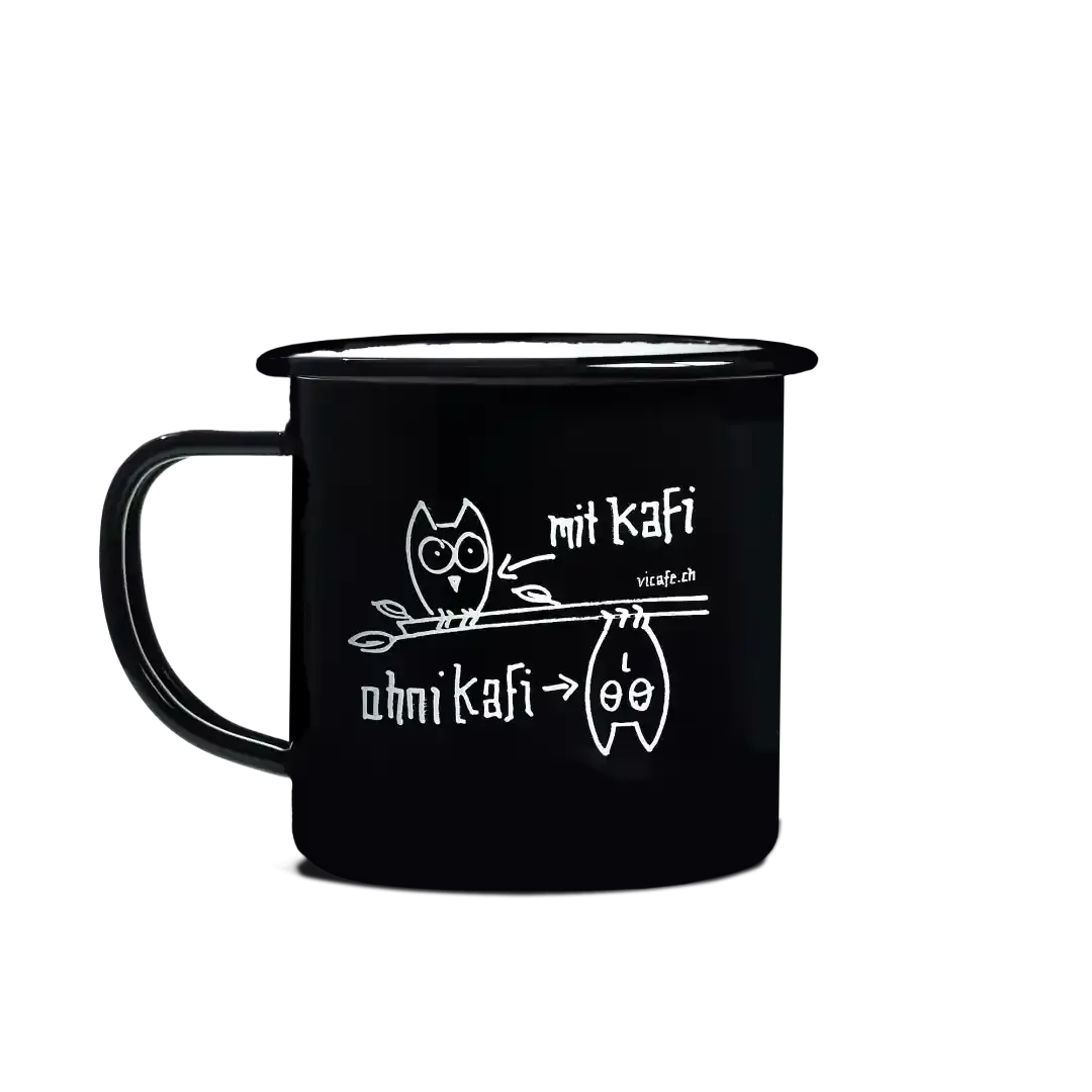 ViCAFE Emaillebecher Schwarz – Illustration mit Eule ‚mit Kafi / ohni Kafi‘