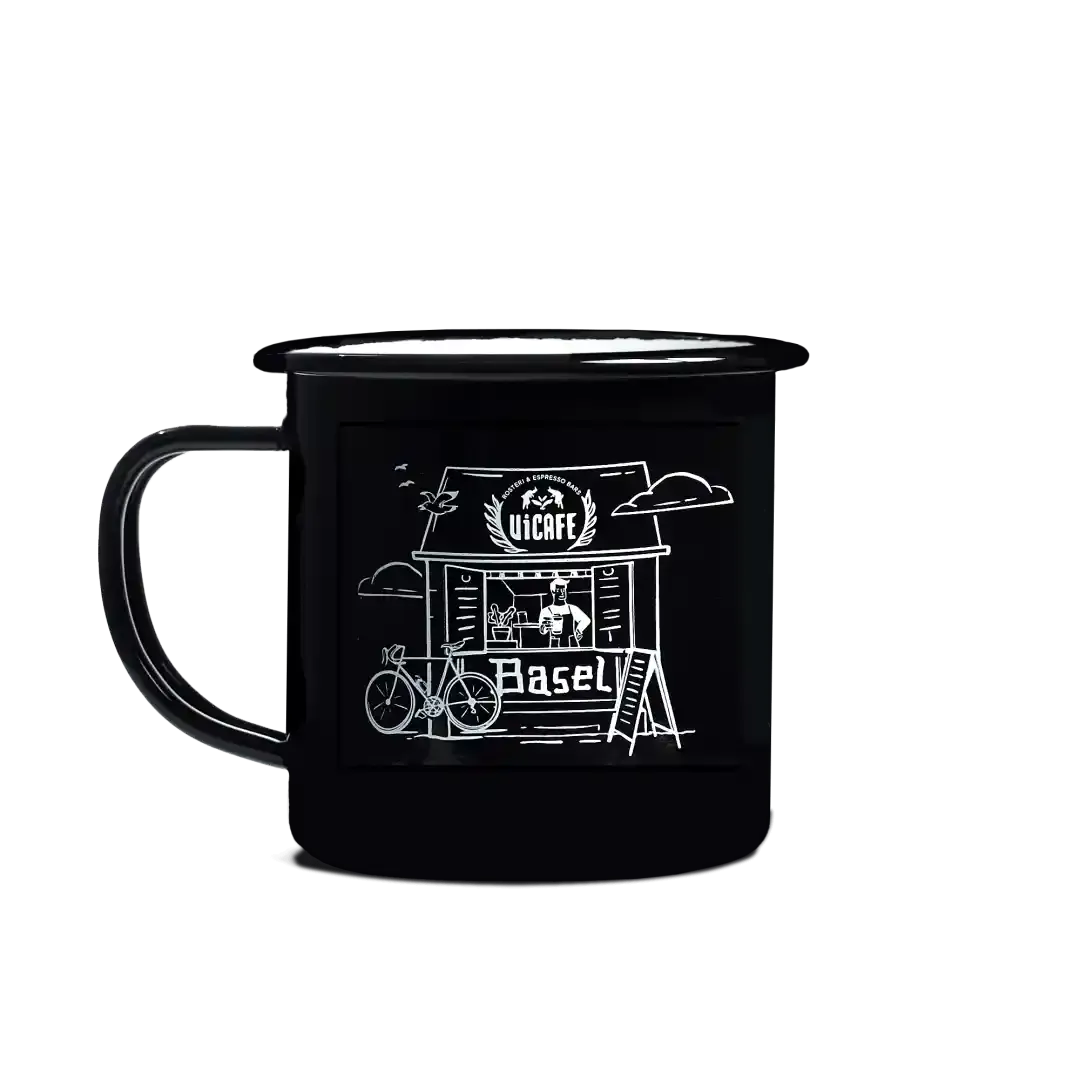 ViCAFE Emaillebecher Schwarz – Illustration Espresso Bar Fenster in Basel