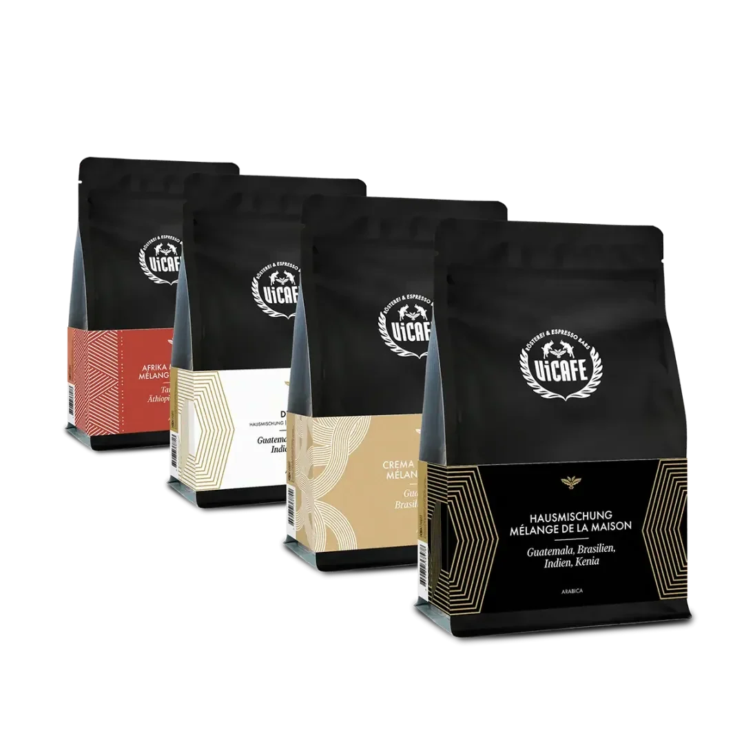 ViCAFE Blend Kaffee Bundle mit Hausmischung Crema Mischung Afrika Mischung und koffeinfrei Spezialitätenkaffee in schwarzen Packungen